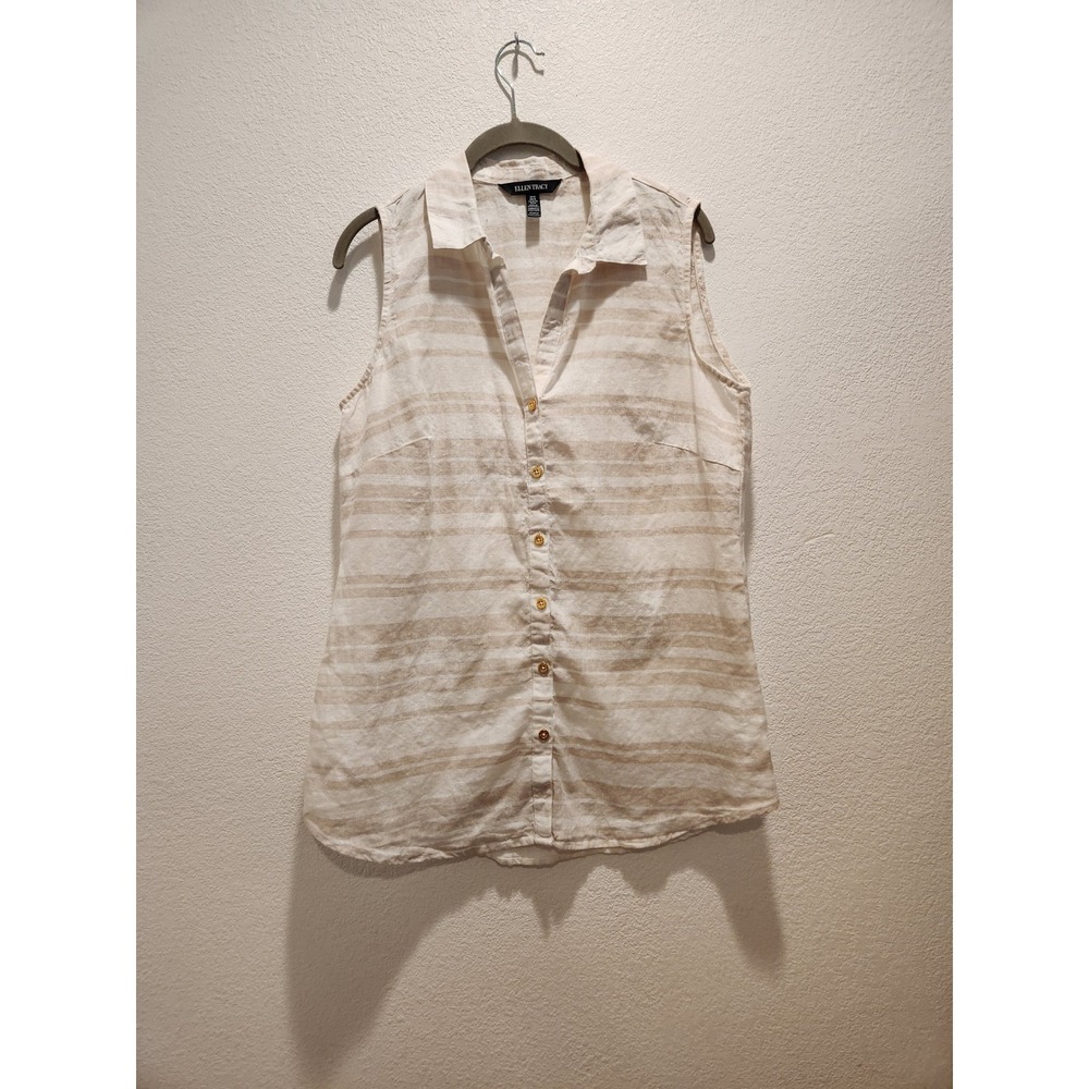 Ellen Tracy 100%‎ Linen Sleeveless Button Shirt Beige Stripe Gold Buttons M